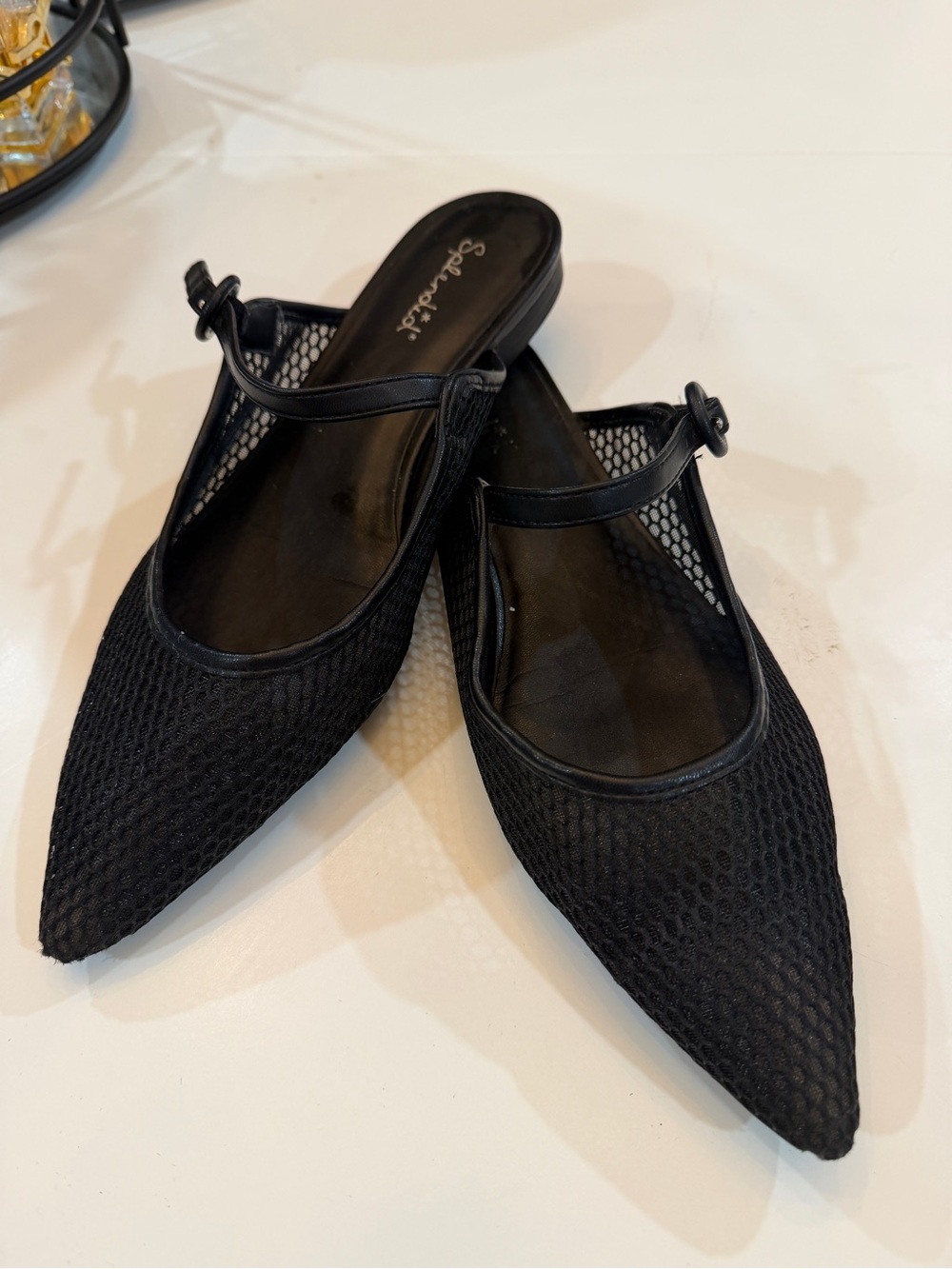 Splendid Black Mesh Pointed Mary Jane Mules